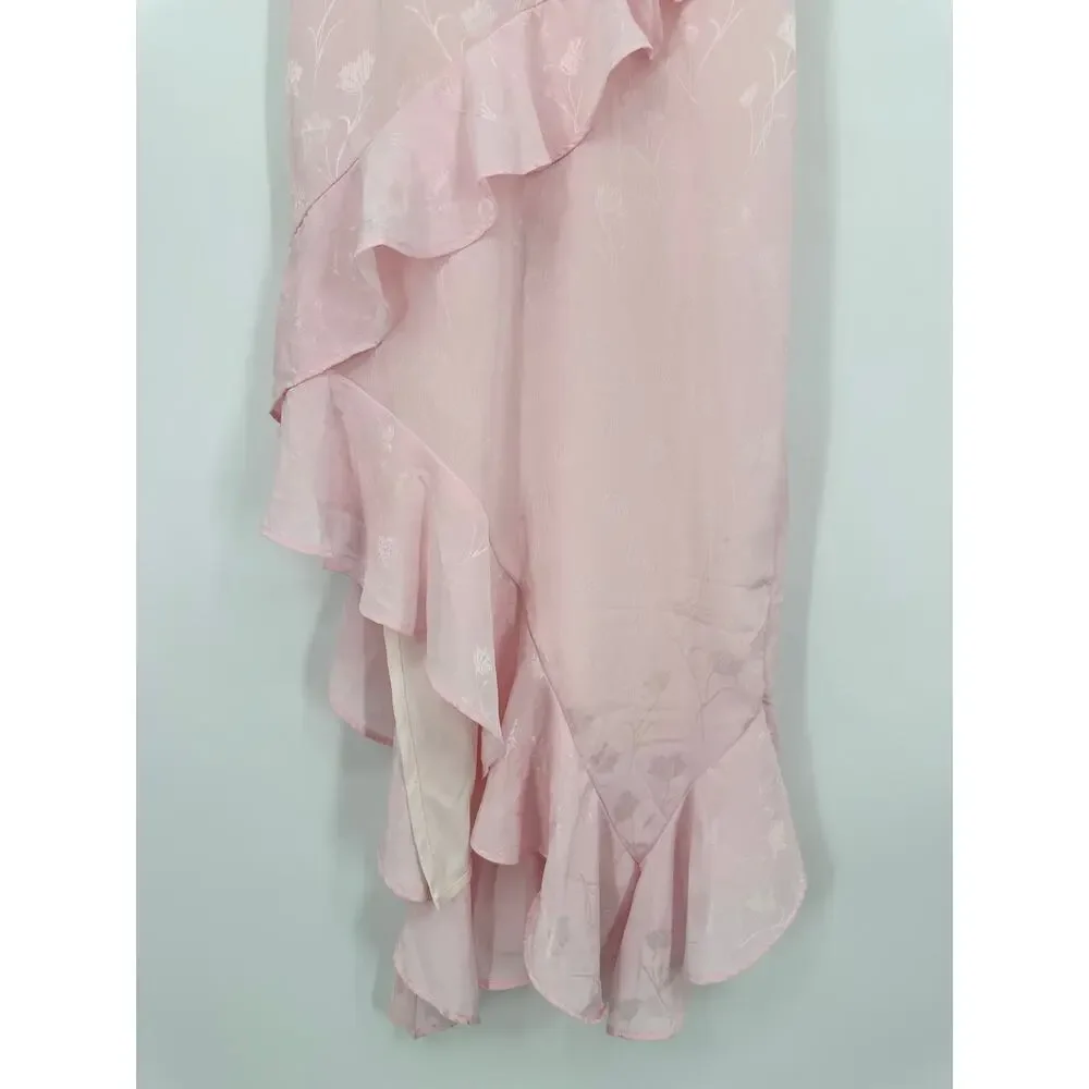 Japna Ruffle Midi Dress Satin Floral Jacquard Cottagecore Y2k Asymmetric Pink - Picture 4 of 9